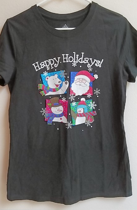 HAPPY HOLIDAYS! SANTA SNOWMAN POLAR BEAR PENGUIN GLITTER T-Shirt Women’s MED
