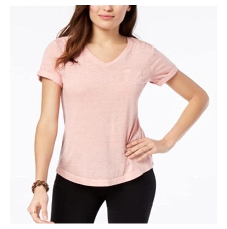 Style & Co Womens Petite PL Rose Sand Pink Burnout V Neck T Shirt Top NWT U44