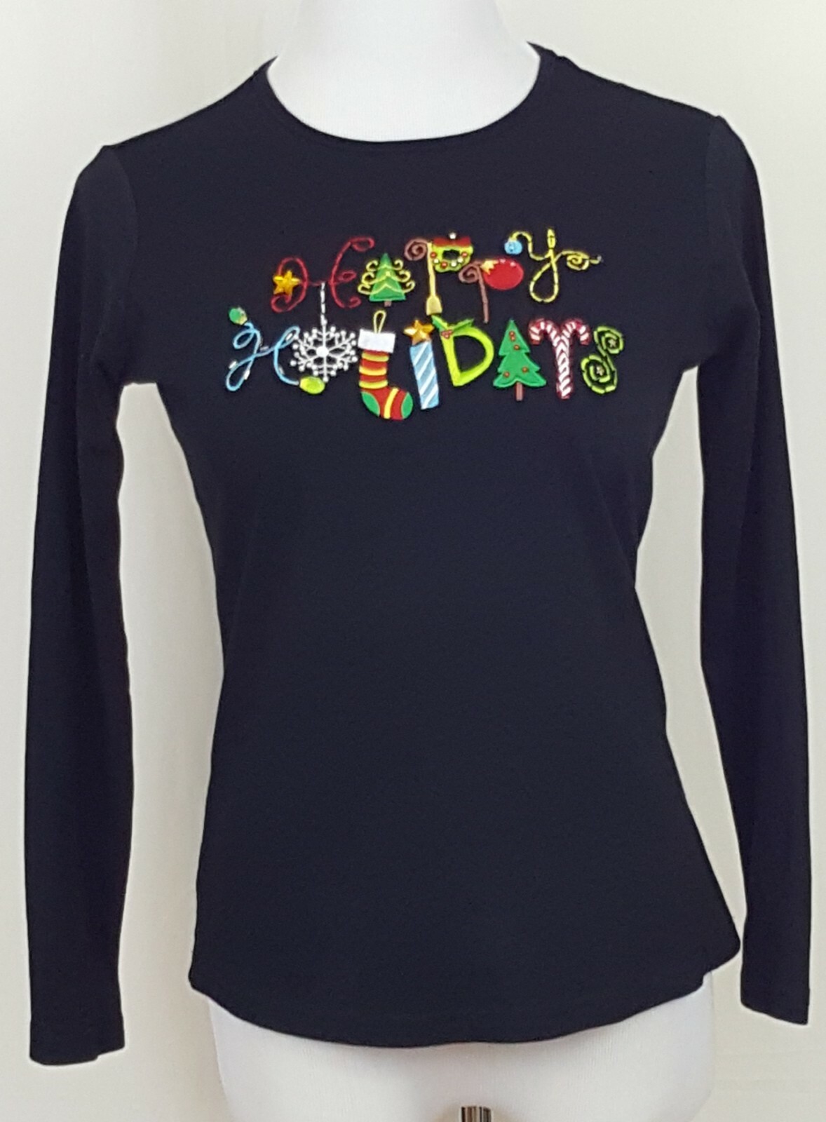 Christmas Top T Shirt Long Sleeve Size S Black Happy Holidays Ugly Embroidery
