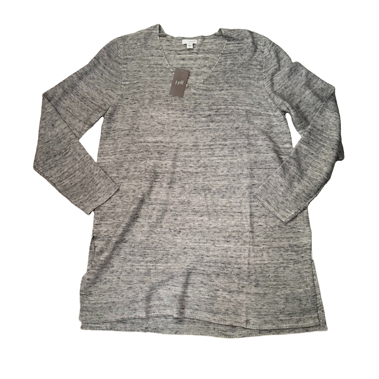 J JILL Top Long Sleeve Side Slit Tunic Cotton Modal Linen Grey Sz Large V Neck