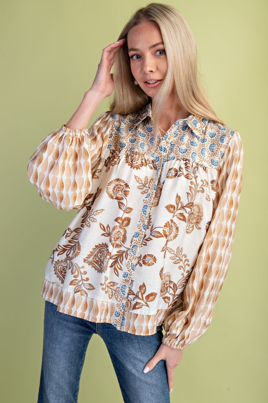 Gigio by Umgee Mocha Mixed Print Button Down Long Sleeved Blouse
