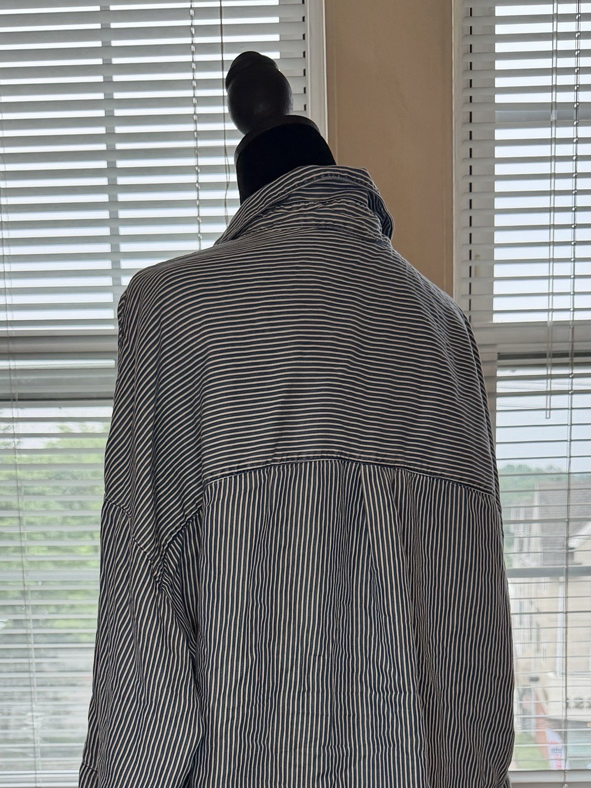 French Connection Blue and White Railroad Striped Tunic Collared Shirt