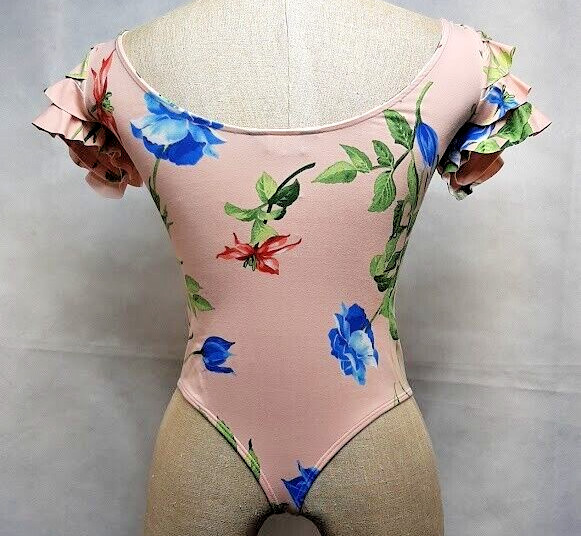 Ragged Womens Bodysuit top Size S Stretch Colombian Brand Baby Pink Floral