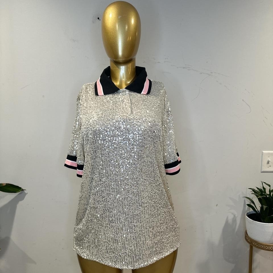 Silver sequin polo shirt with pink and black trim NEW LARGE