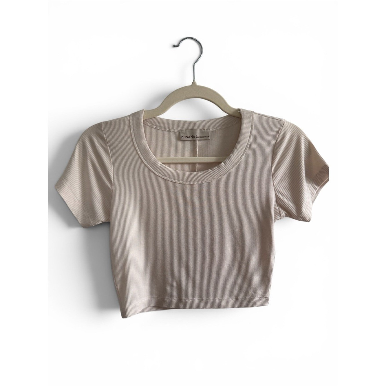 Ribbed Short Sleeve Crop Top in Sand Beige