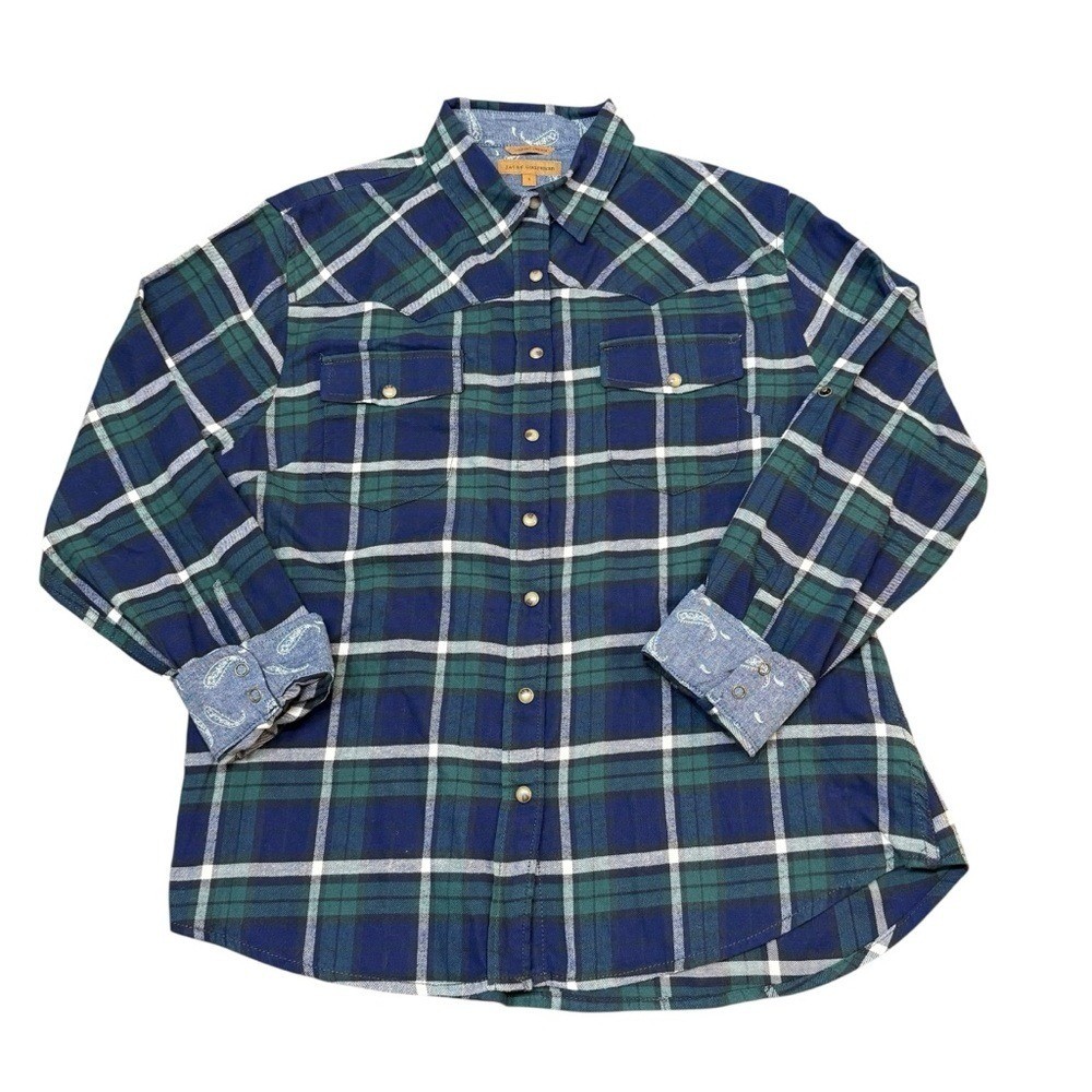 Cowgirl Blue Plaid Pearl Snap Western Ranch Wear Outdoorsy Comfy Size L