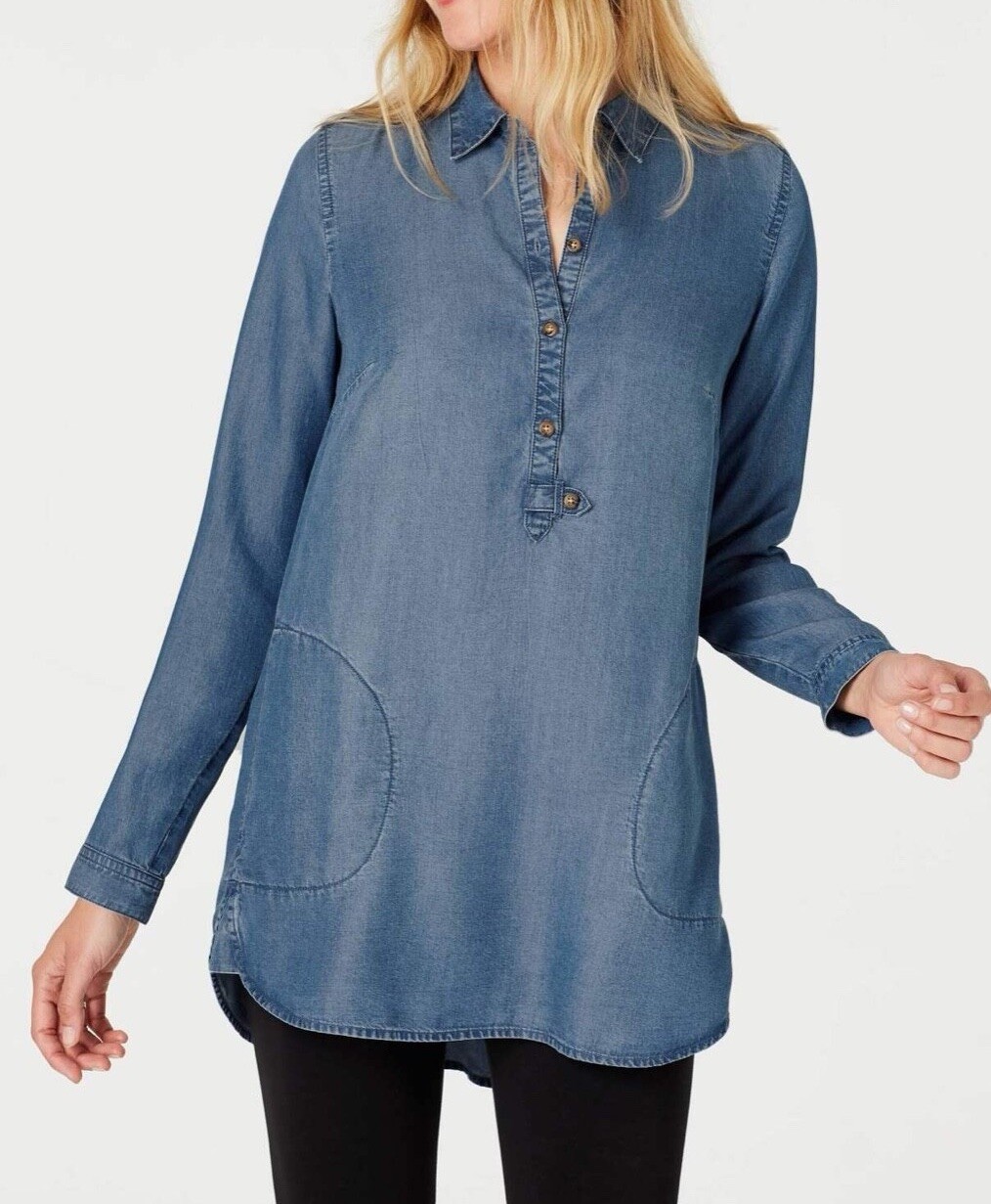 J. Jill Denim Tunic Top Medium M 100% Lyocell Blue Long Sleeve Pockets – EXCELLE