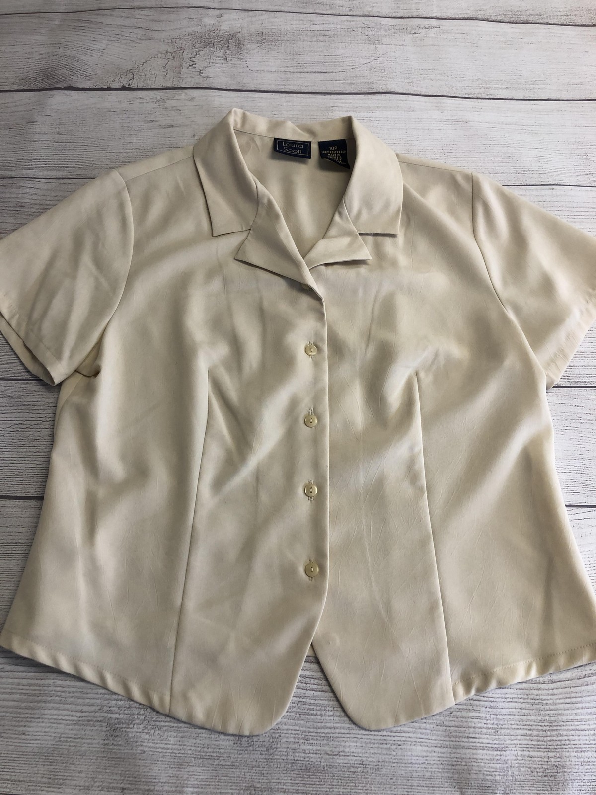 Laura Scott Blouse Womens Petite 10P White Short Sleeve Button Front Top Casual