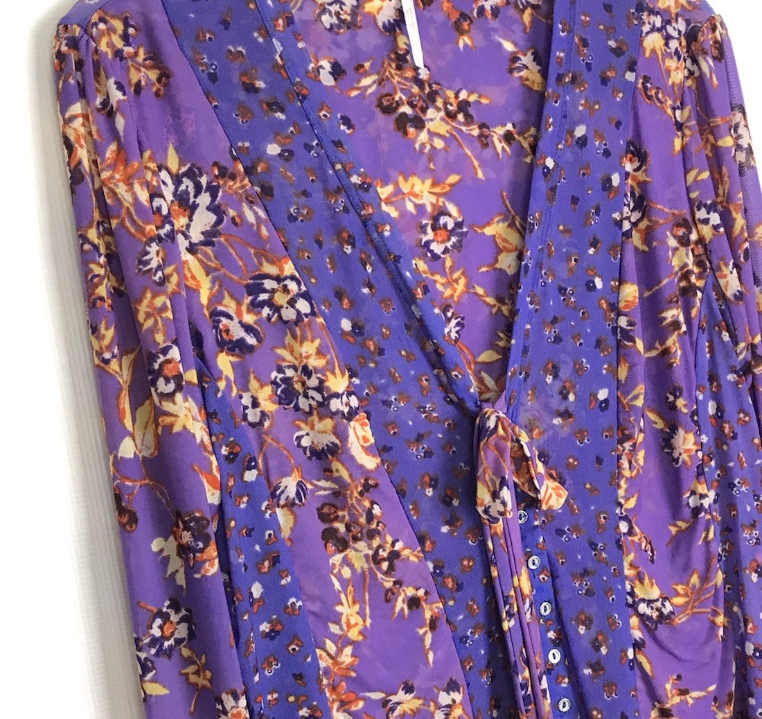 Free People Floral Long Sleeve V-Neck Button Bell Sleeve Mesh Top Tie Size Large