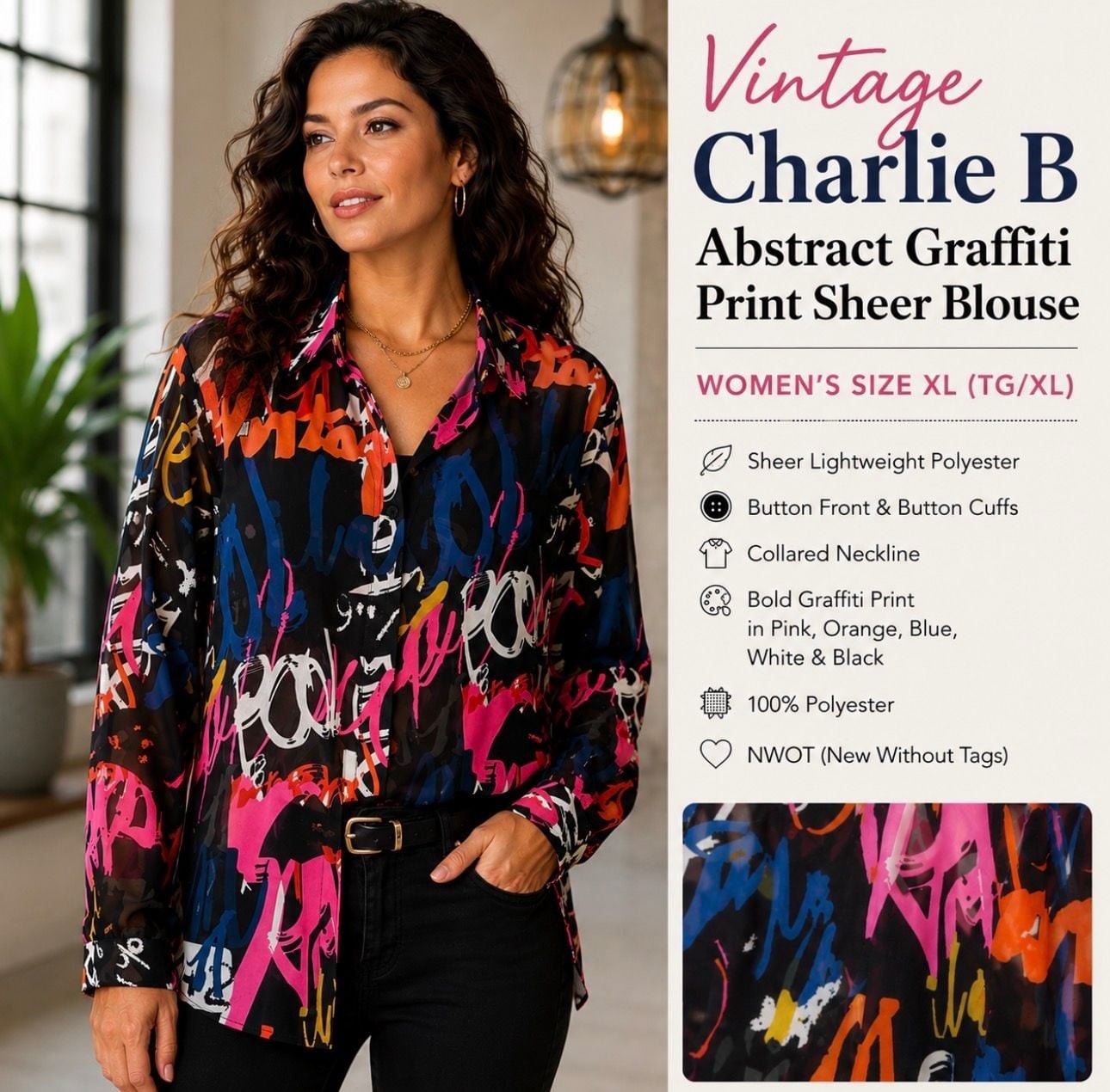 NWOT Charlie B Women’s XL Abstract Graffiti Sheer Button Front Blouse Black