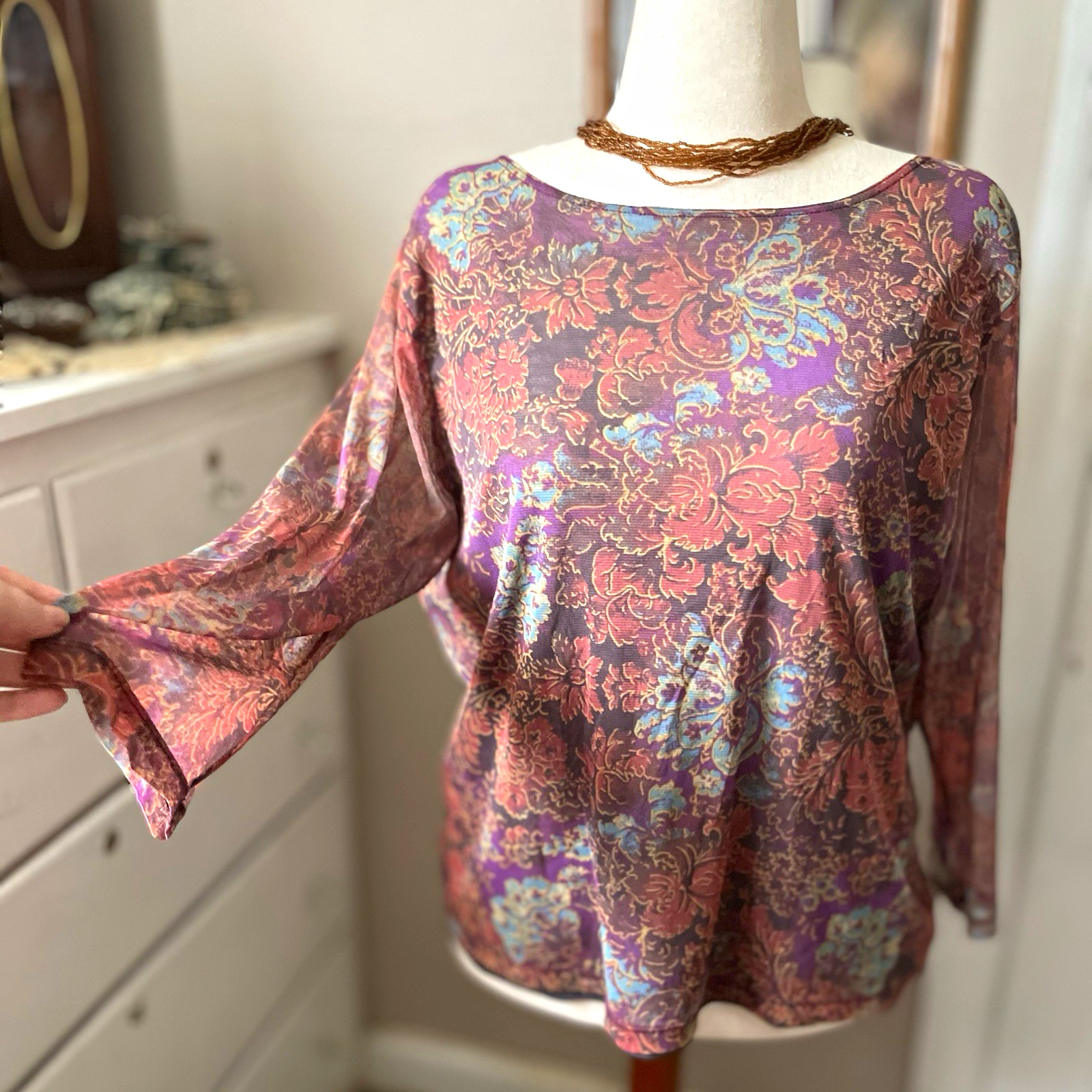 Coldwater Creek Sheer Mesh Top VTG 90s Boho Whimsigoth Paisley Floral Blouse XL