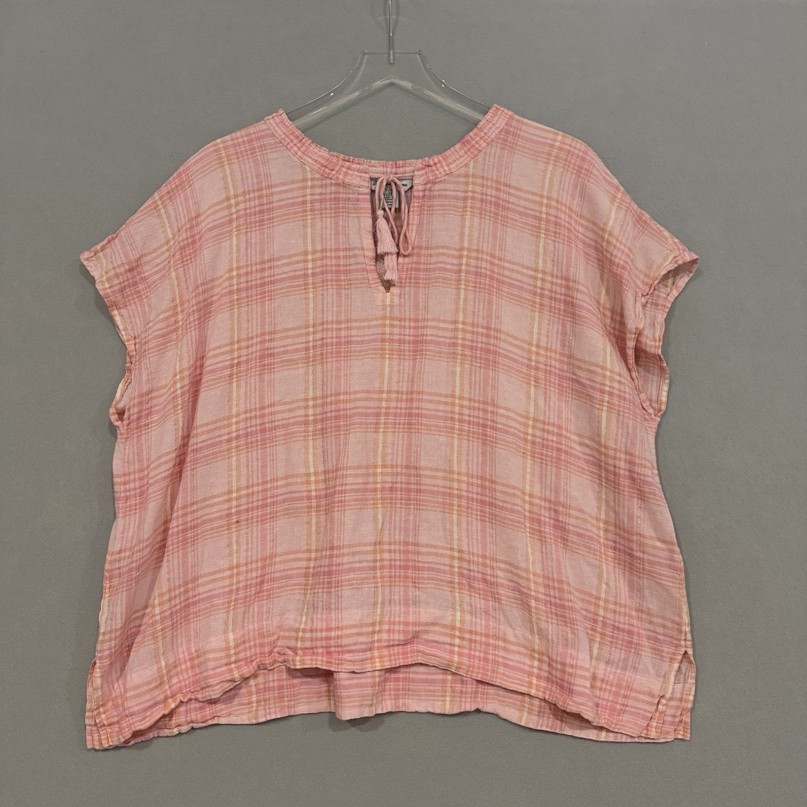 Tommy Bahama Top Women XL Pink Plaid Linen Blend Pullover Boxy Coastal Resort