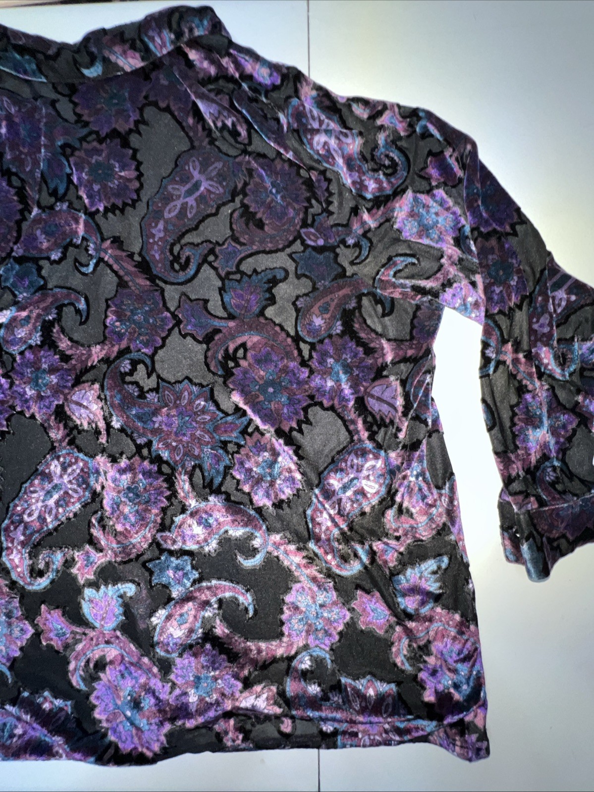 Sag Harbor Woman Blouse Plus 22W Button Up Black Purple Floral Velour Look