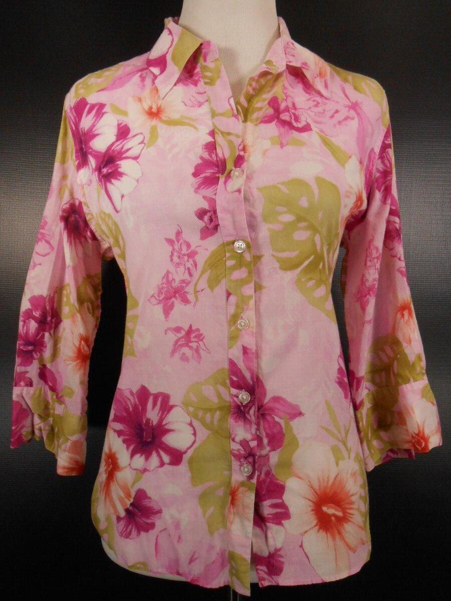 Tropical Women’s Large La Cabana Pink Floral Design Long Sleeve Button Blouse
