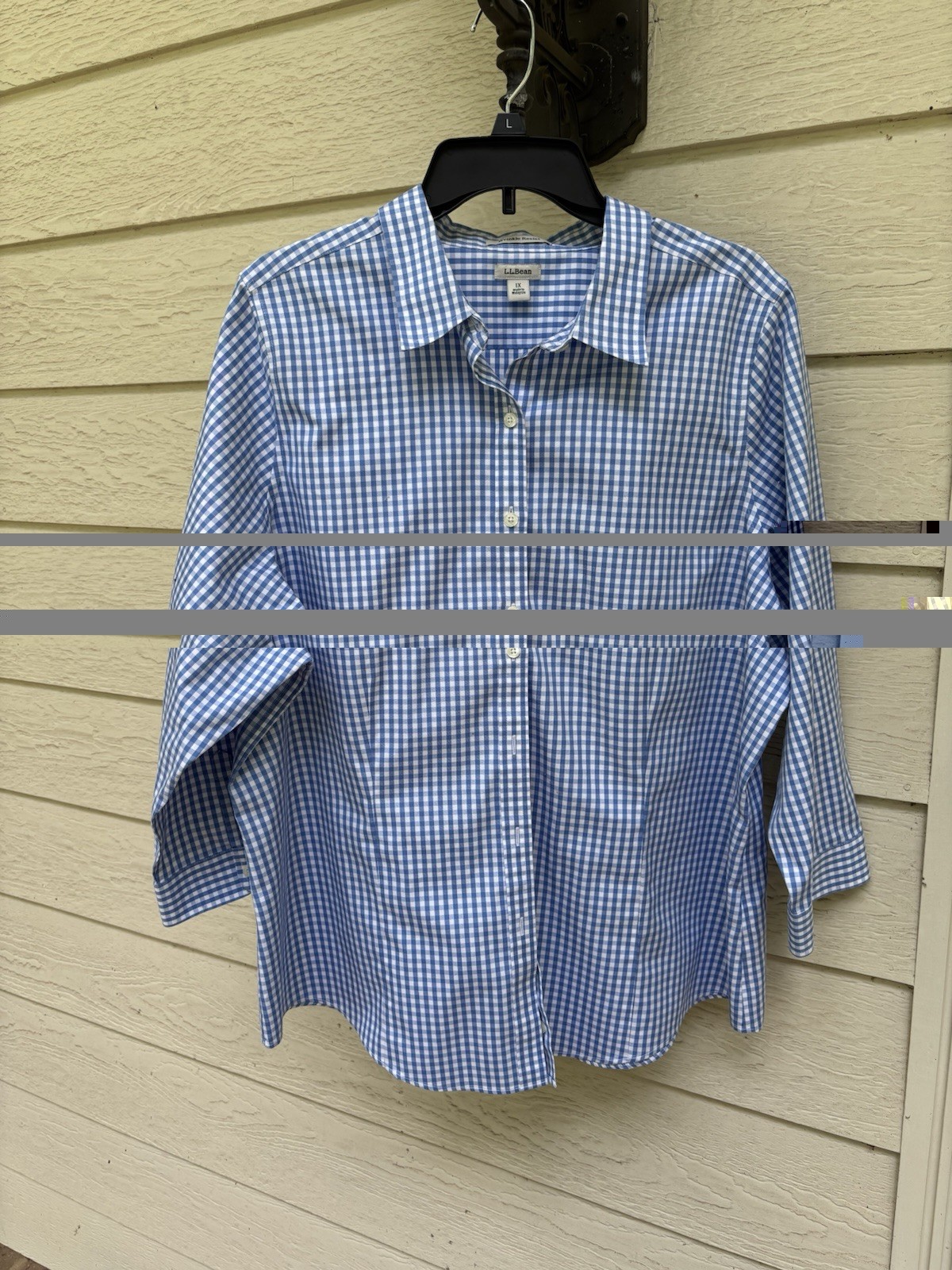 L.L. Bean Ladies Blue And White gingham Checked Blouse Size 1X wrinkle resist