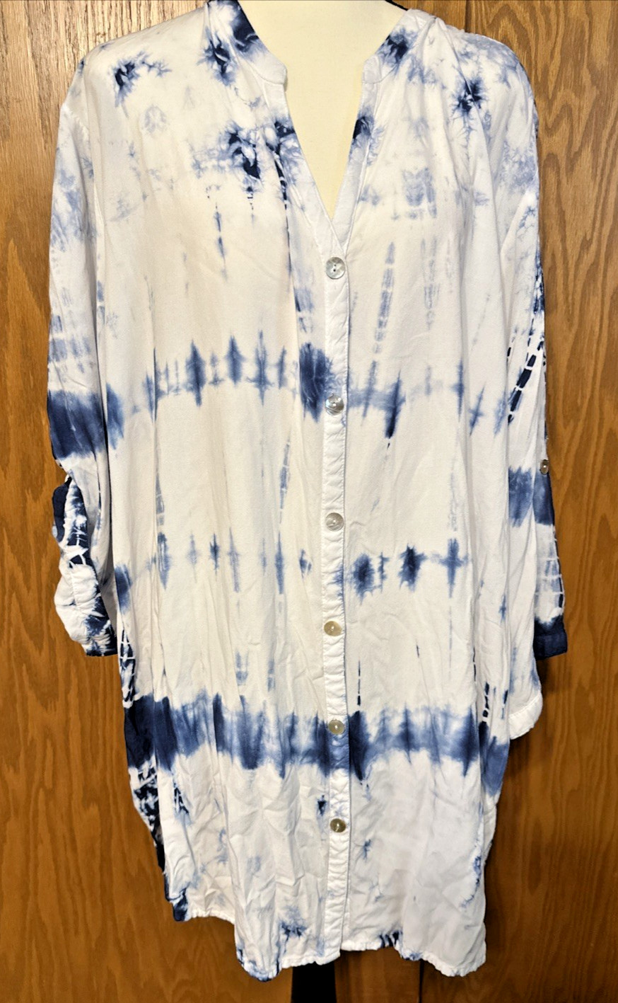 Blue Island Boho Tunic Button Blouse Plus Size XXL High Low Hem