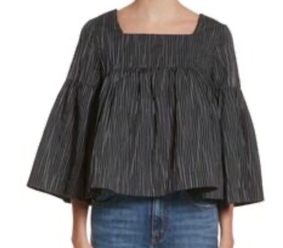 CO Black/ white Striped Square Neck Crop Top with Bell Sleeves,