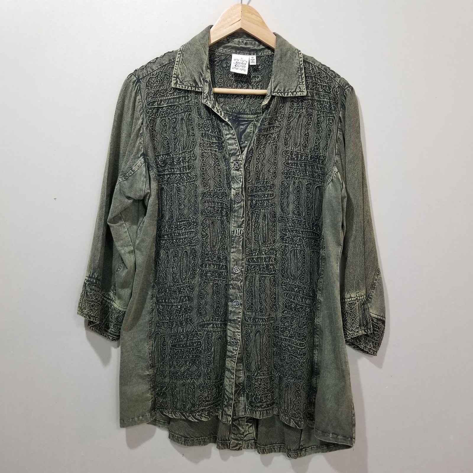 Parsley & Sage Tunic Women Medium Olive Green Embroidered Boho Button Up