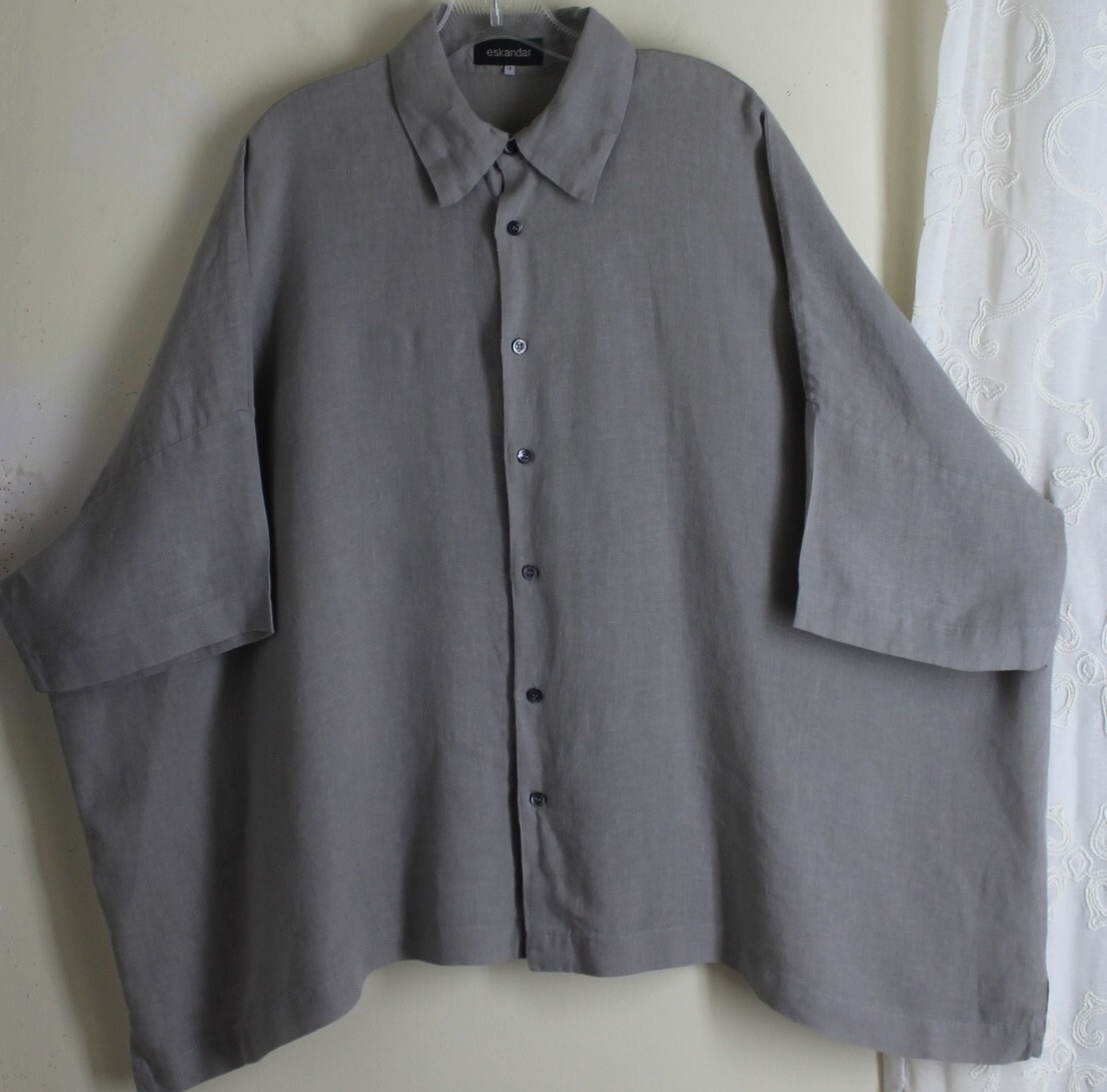 Eskandar Sz 1 GRAY NATURAL Beachy 30″ Long Linen Blouse Shirt Jacket Top
