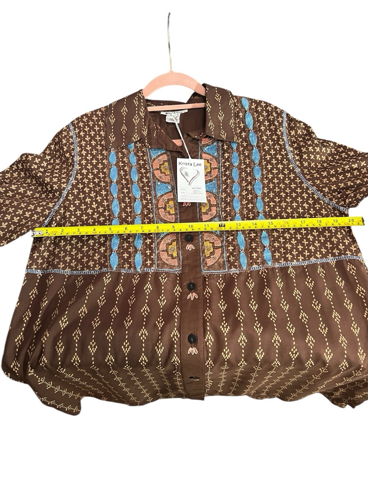 Krista Lee Brown Embroidered Long Sleeve Tunic Top Boho Size S NWT