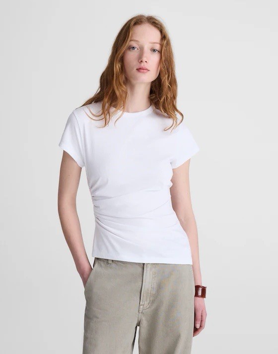 Madewell Asymmetric Ruched Tee in Allday Jersey Large White Short Sleeve