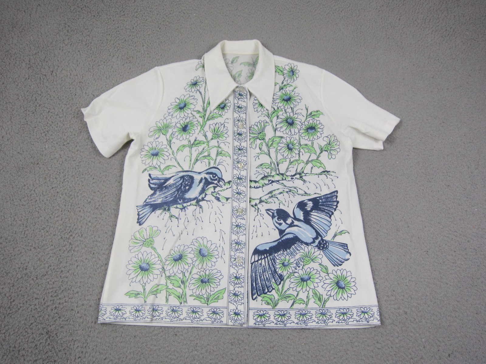 Vintage Disco Shirt Womens Large White Bird Floral Cottagecore AOP Birds 60s 70s