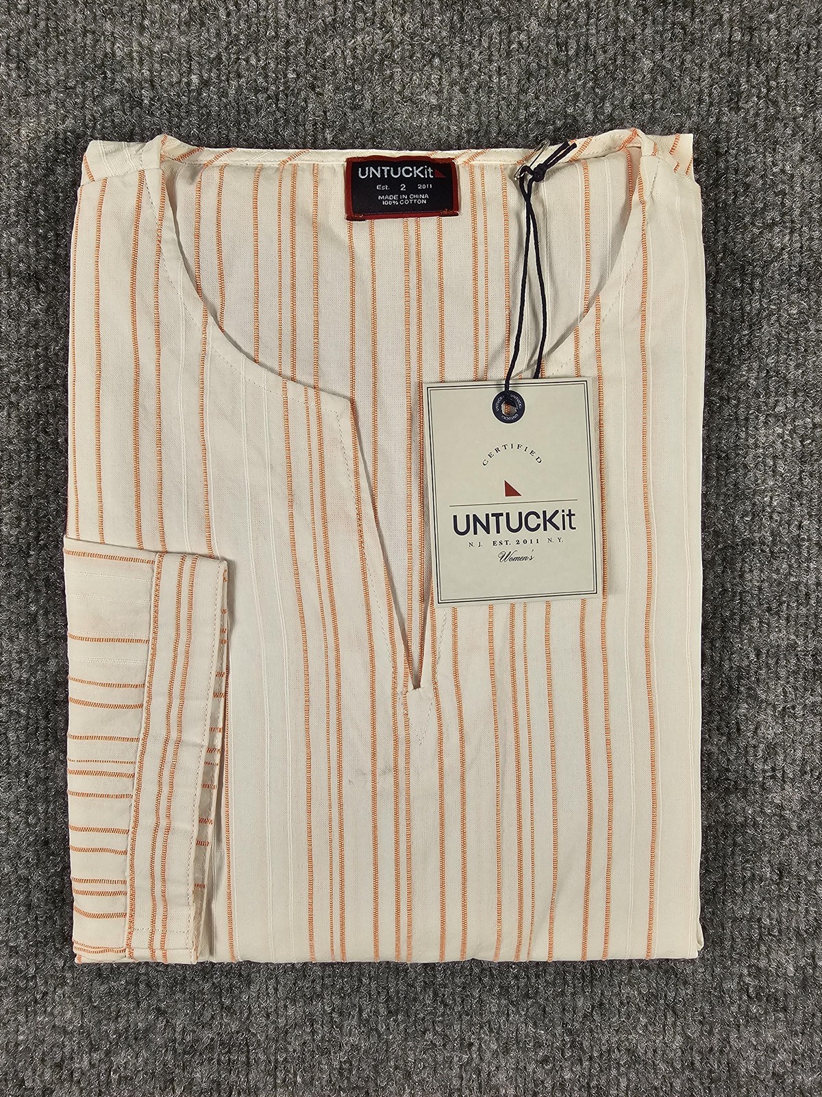 UNTUCKit Shirt Womens 2 White Orange Striped Durfort Regular Fit Cotton Top NWT