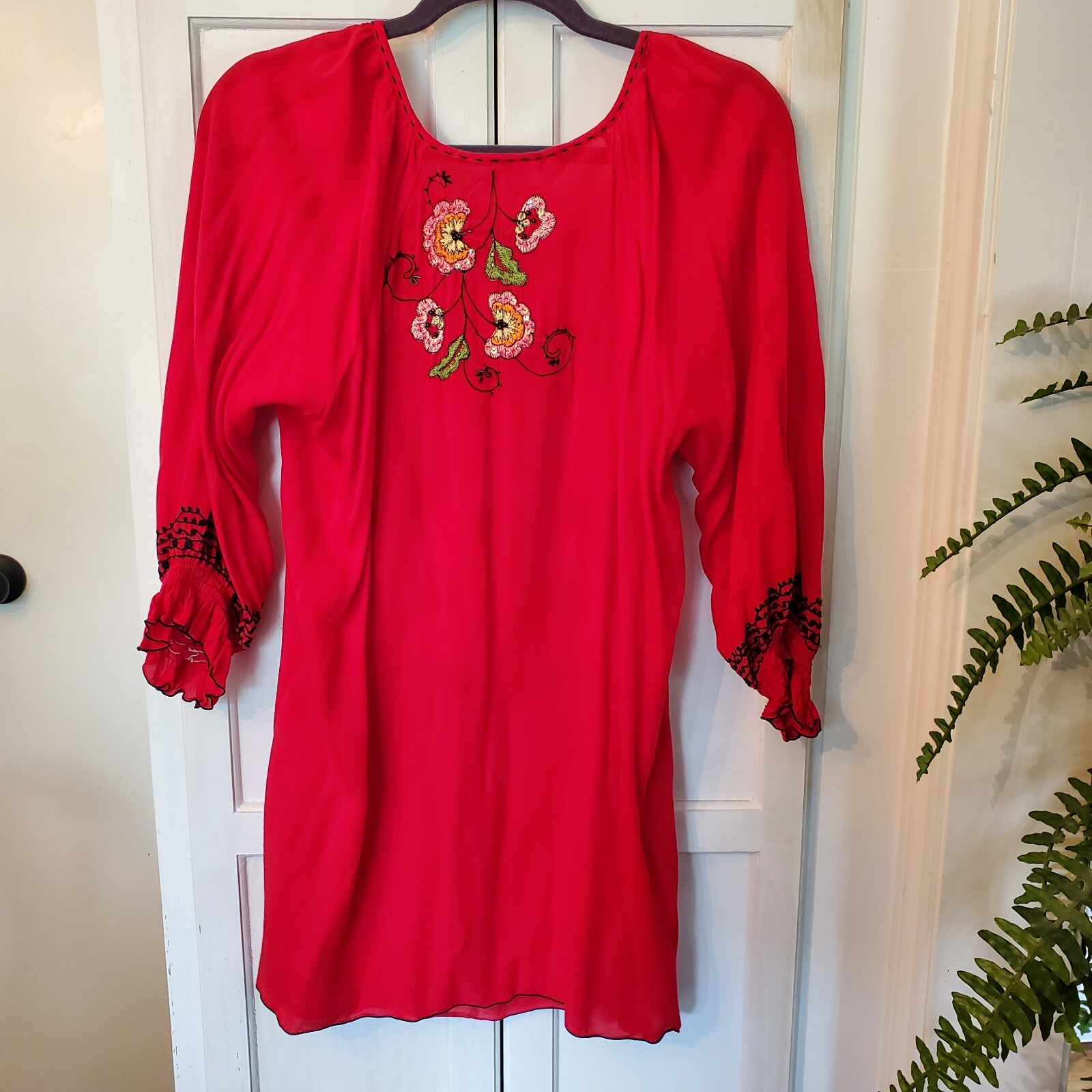 Krista Lee white with red embroidery beaded long peasant tunic blouse semi sheer