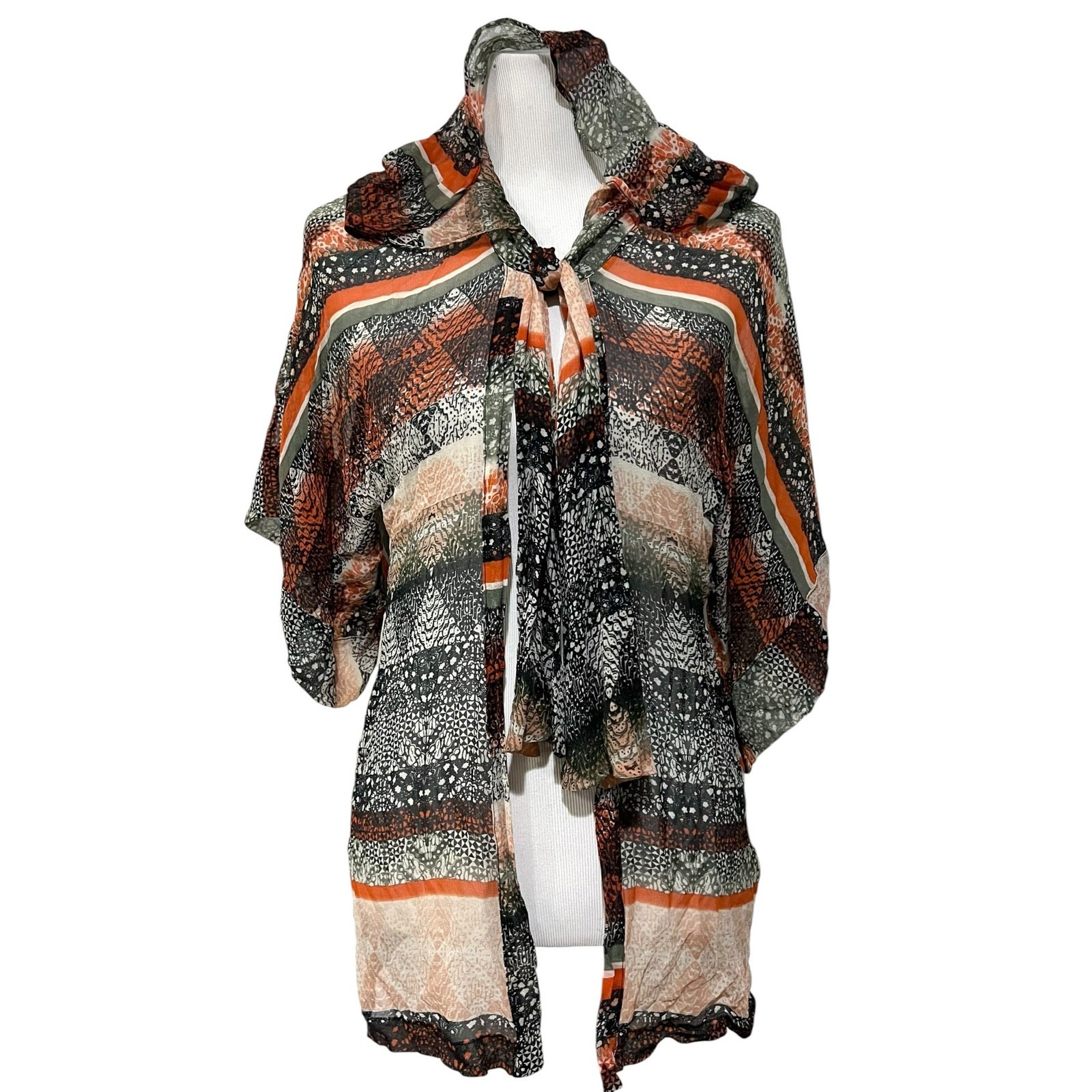 Anthropologie Daughters of Revolution 100% Silk Sheer Top Cardigan Hooded Sz L