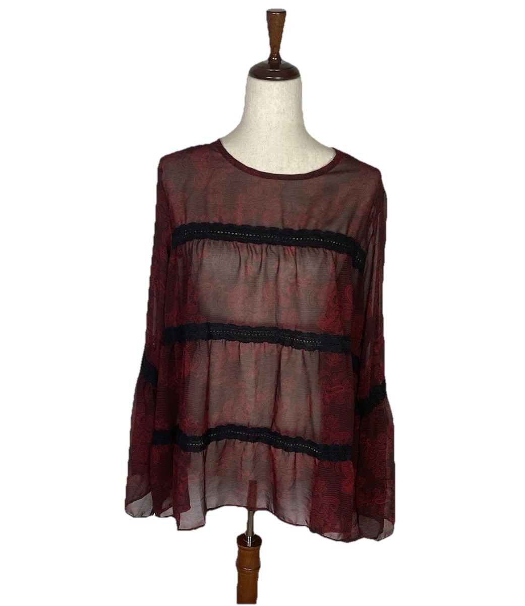 NWT GNW Black Red Floral Sheer Top SZ Large Flare Sleeve Dark Romantic Witchy