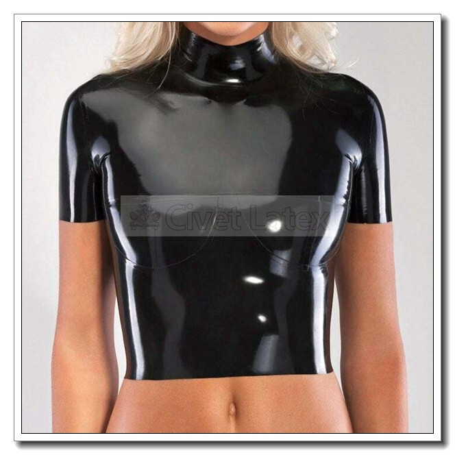 Latex Women’s T-shirt Short Sleeves High Neck Waist Tops No Zip Neck Entry G49