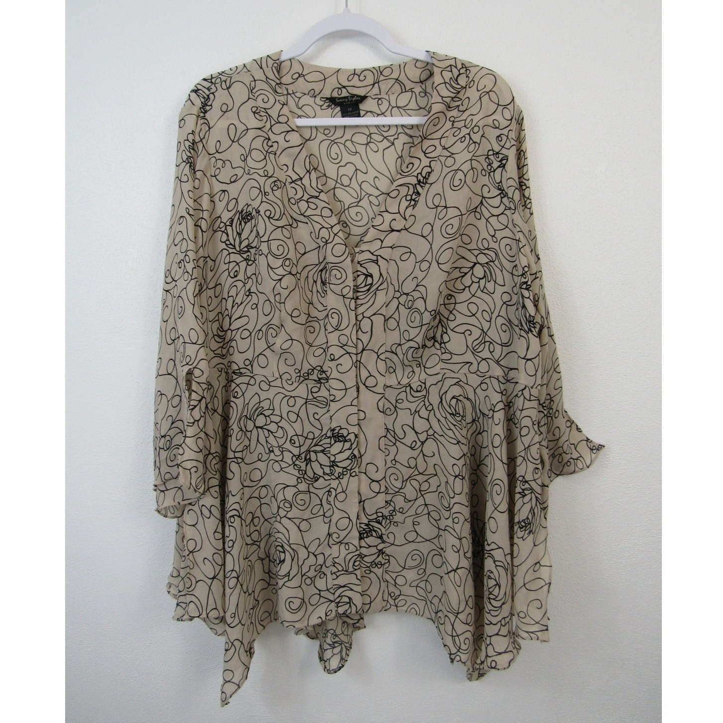 Sunny Taylor 2X Artsy Floral Flowy 3/4 Length Blouse Top Tan Black Plus Size