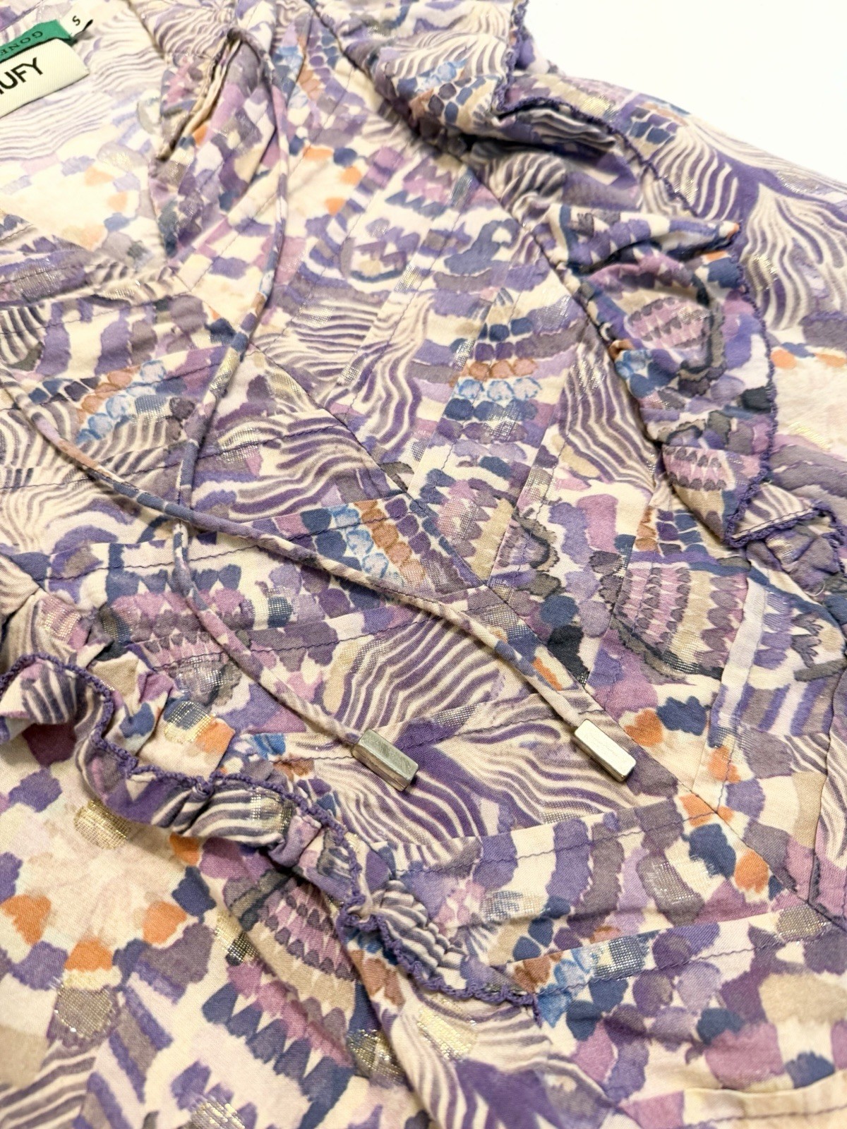 Chufy Cotton Lurex Chiffon Ruffle V-Neck Tie Blouse Purple Abstract S