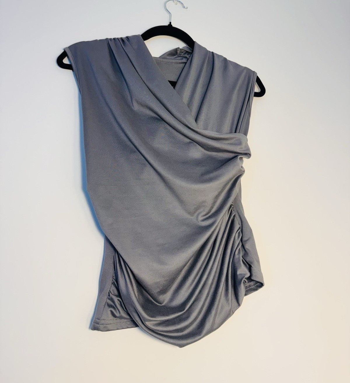 Women’s Gray Draped Ruched Blouse S Sleeveless V-Neck Solid Pullover