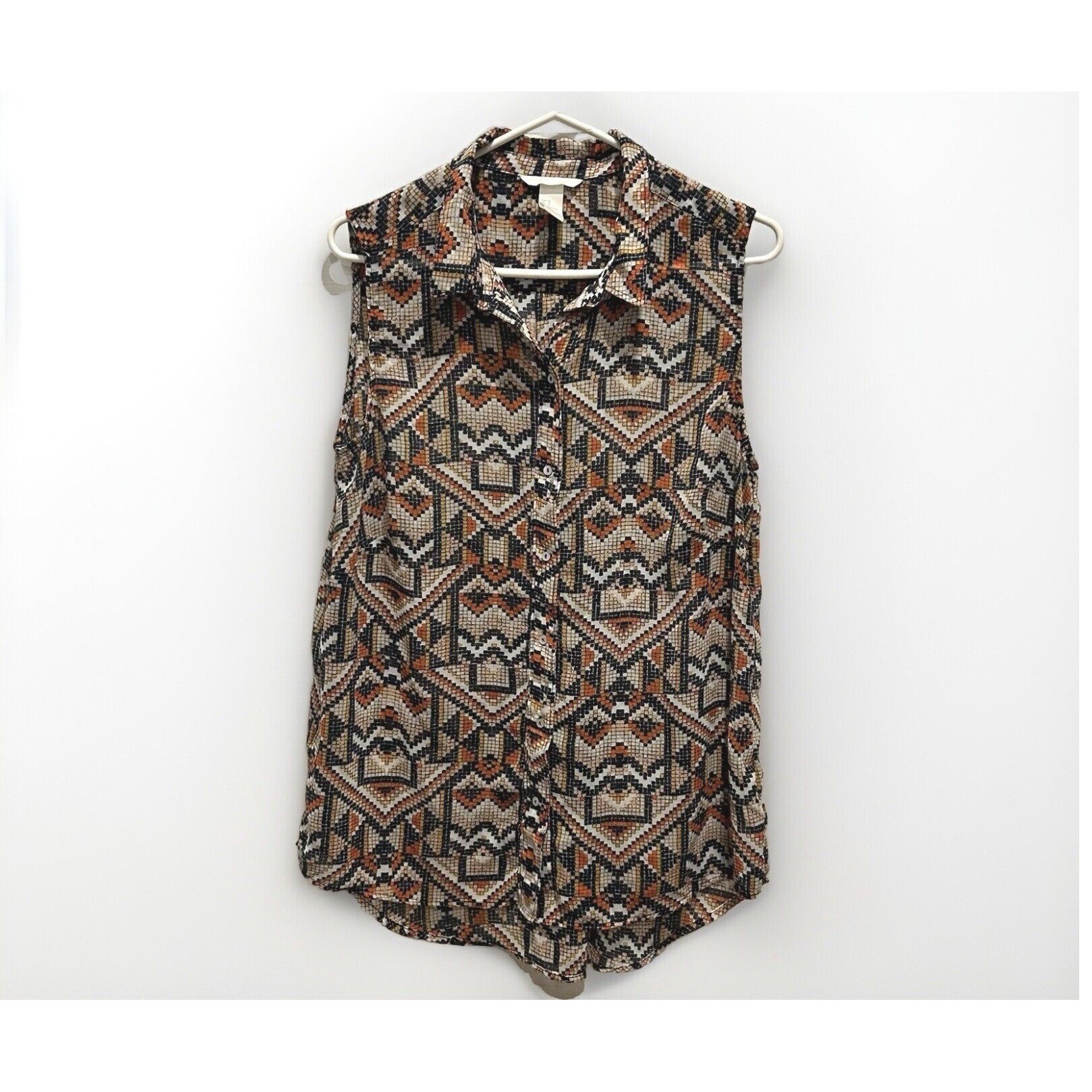 H&M Womens Geometric Tribal Print Sleeveless Button Down Blouse Orange Tan Sz 14
