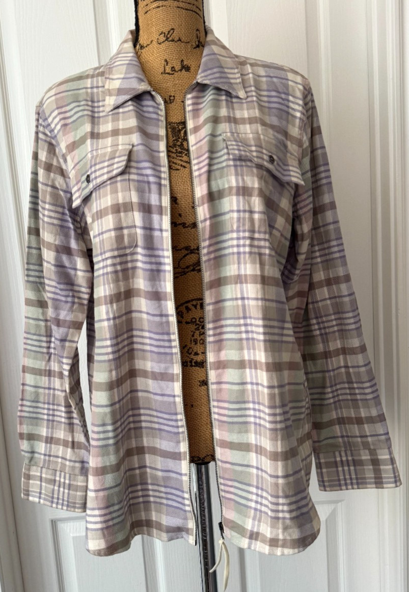 Chaps Flannel Shirt Jacket Full Zip Cotton Purple Beige Plaid Pockets Large
