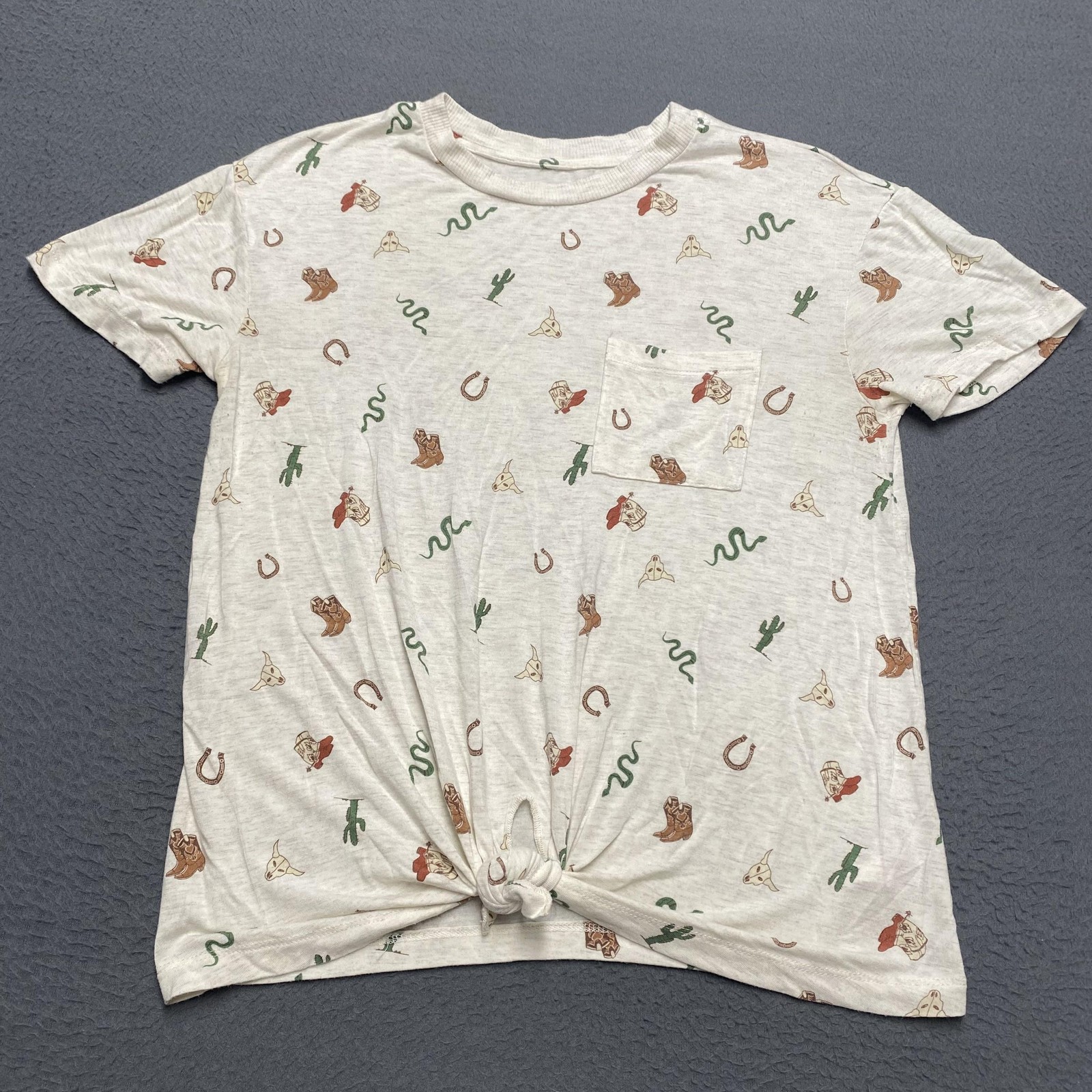 No Boundaries Shirt Juniors Small Beige Western Allover Print Pocket Crew Neck