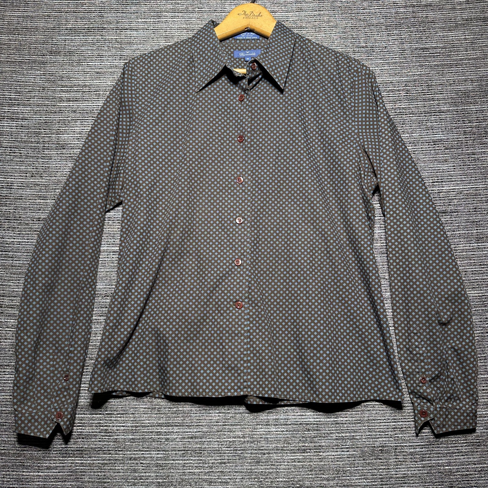 Faconnable Shirt Women’s Medium Brown AOP Long Sleeve Button Up VTG Hong Kong