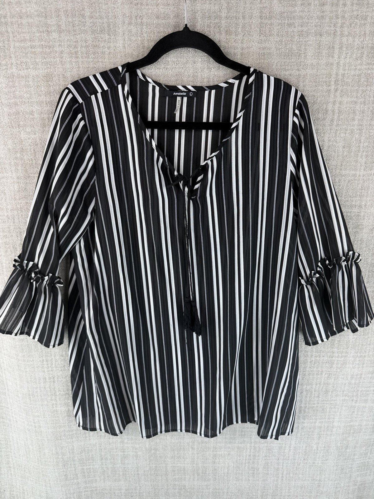 Annabelle Blouse Womens L Black Striped V-Neck Tunic Ruffle Tasseled Chiffon