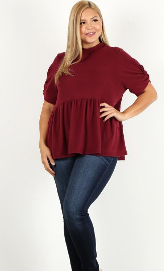 New Plus Size Baby Doll Blouse Top Women Short Sleeves Solid Red 1XL 2XL 3XL