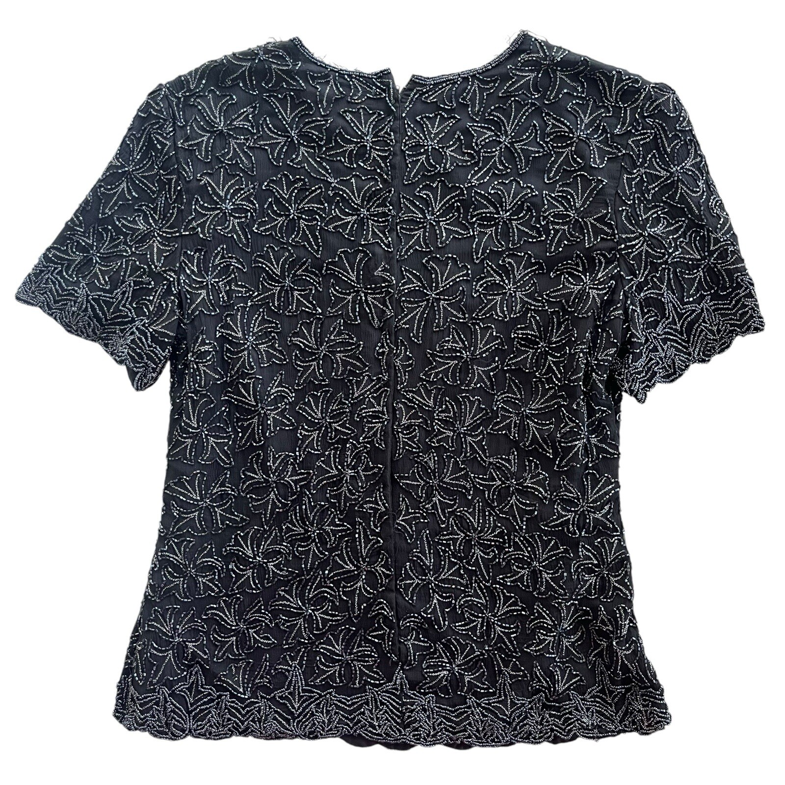 Papell Boutique Evening Women Large Black 100% Silk Beaded Floral Pattern Blouse