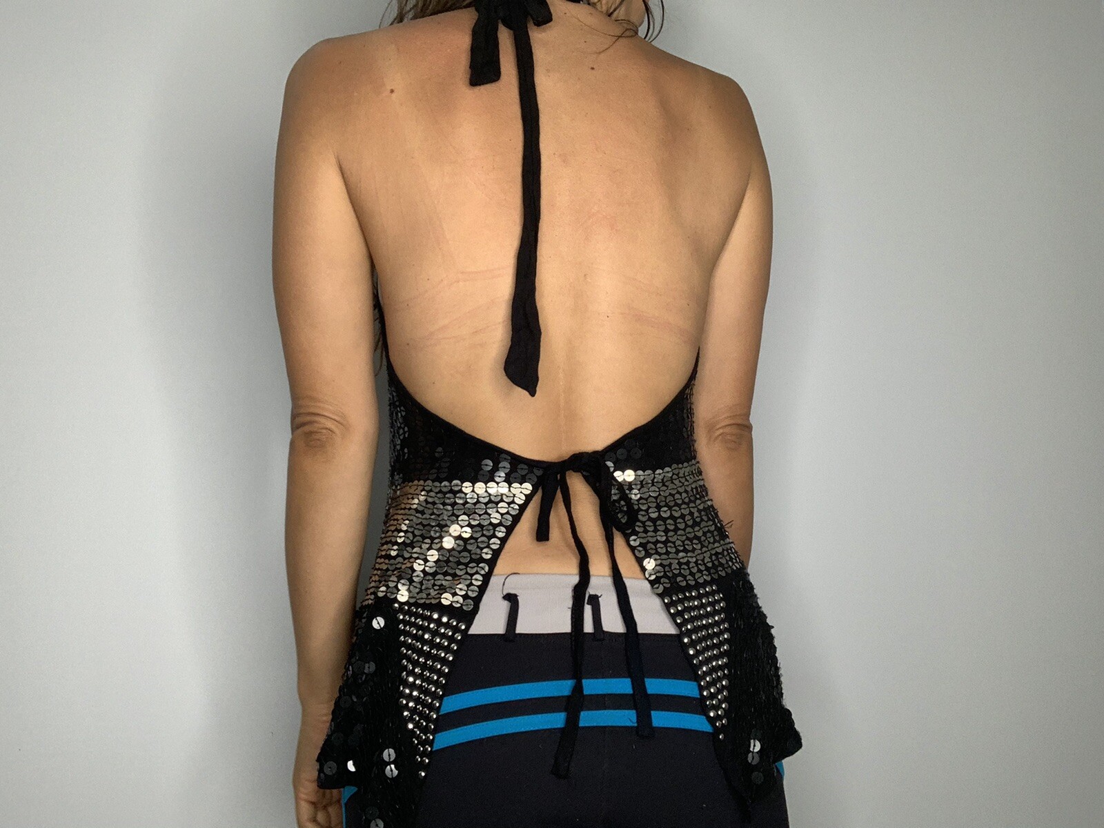 Bebe Sequined Stud Black Silver Top Open Back Sexy Club Xs Adjustable Cocktail