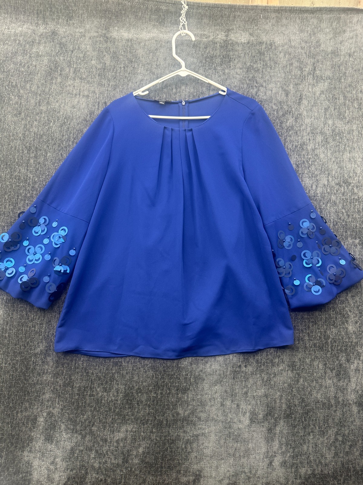 Alfani Tunic Top Womens Large Blue Sequin Pleated Bell Sleeve Back Zip Modern