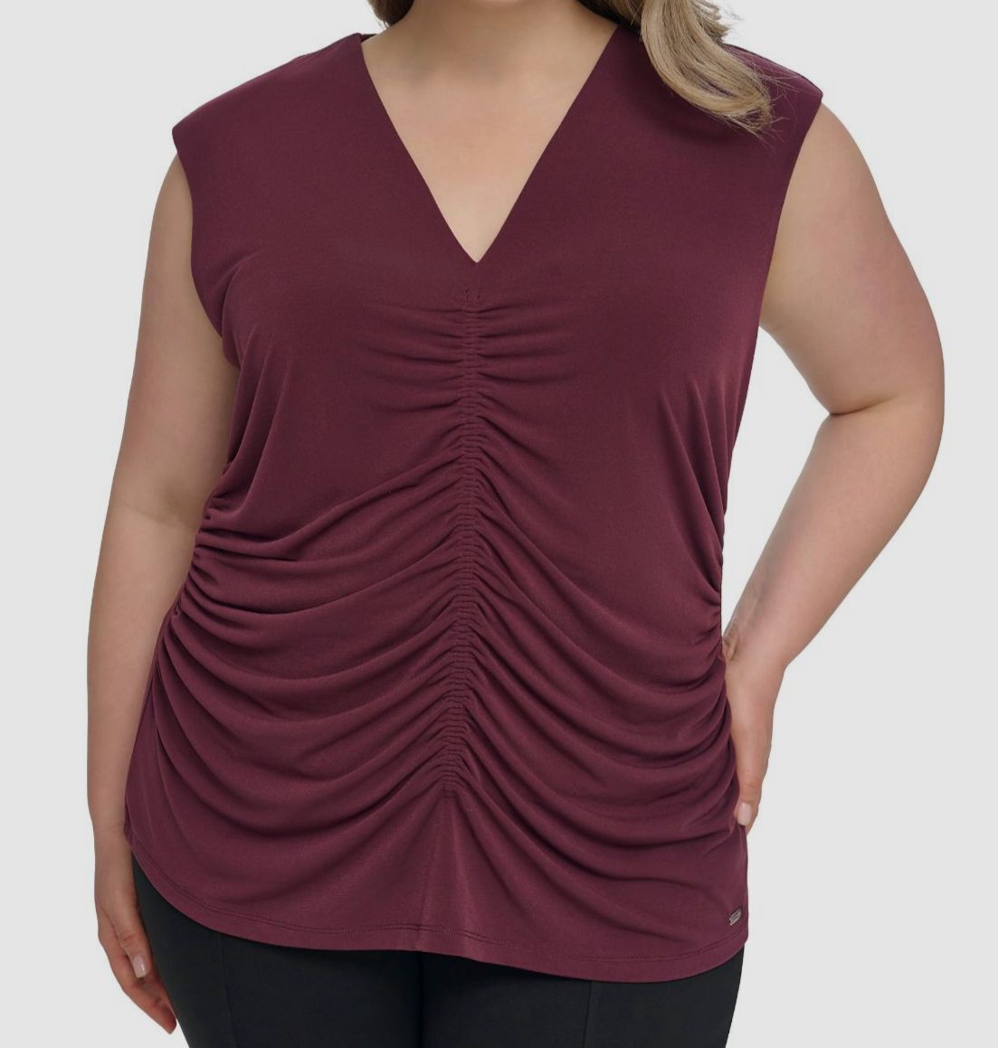 Calvin Klein Womens Purple V-Neck Shirred-Front Sleeveless Top Plus Size 1X