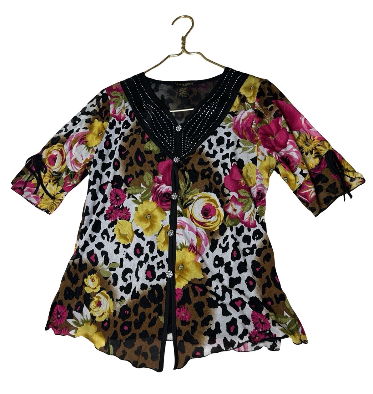 Design Works Petite Blouse Multi Print Floral Ornate Mesh Top Size PM Y2K Look