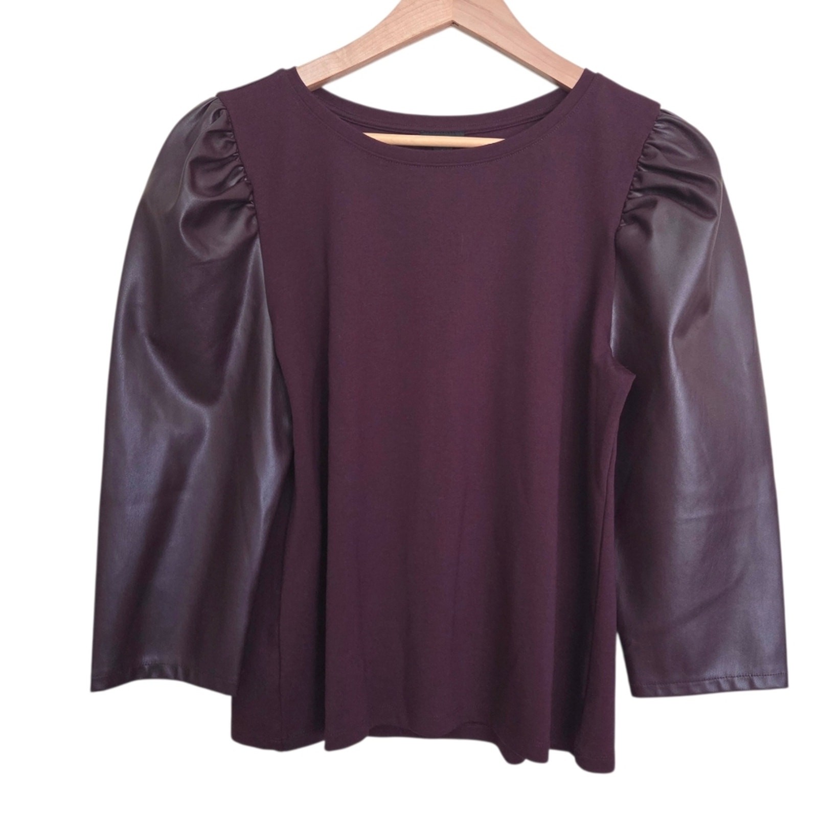 Ann Taylor LARGE Faux Leather Puff Sleeve Top Maximalist Avante Garde
