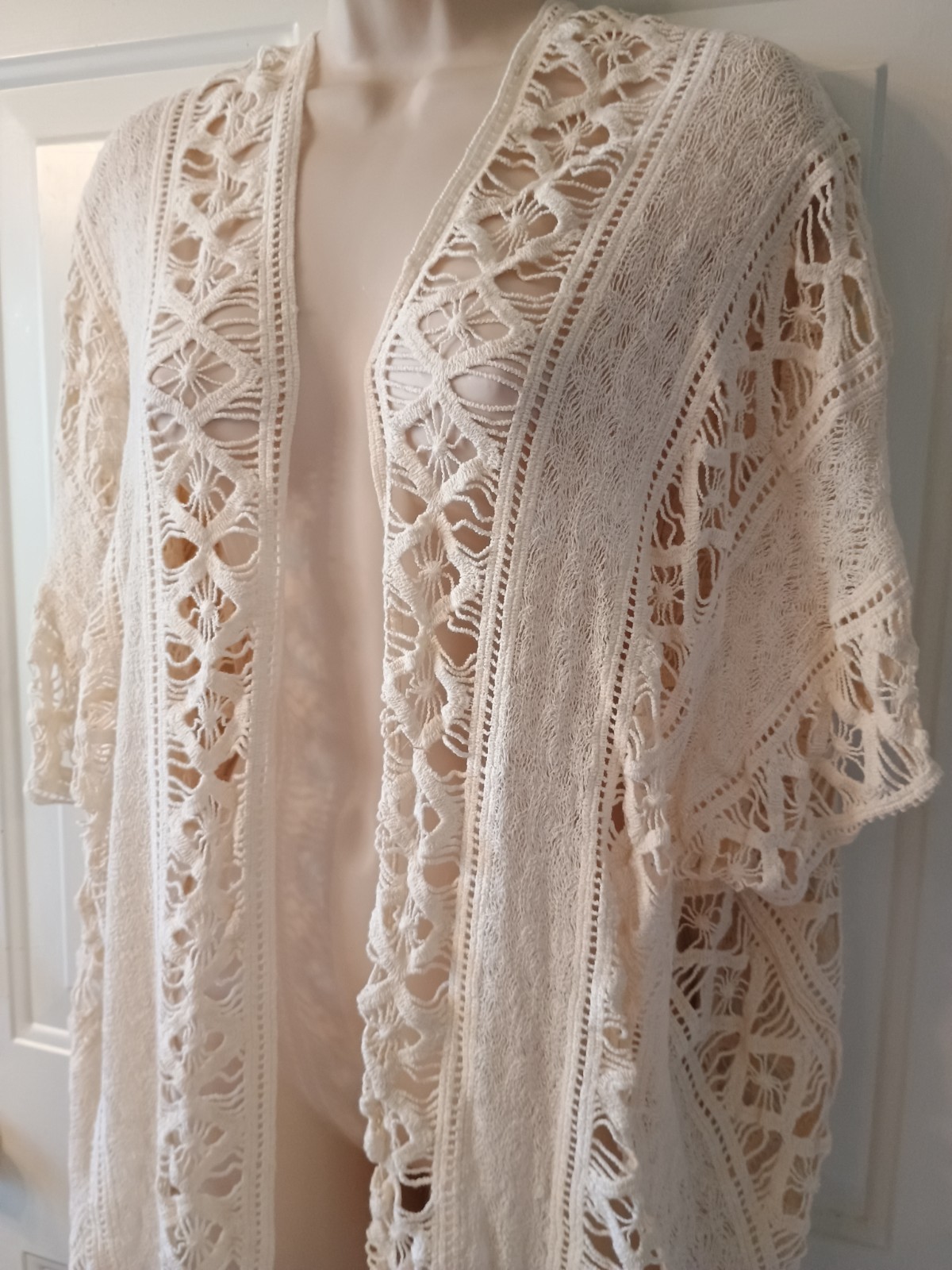 NEW En Creme Buckle BKE Open Front Ivory Crochet Cotton Kimono Top sz XS / S