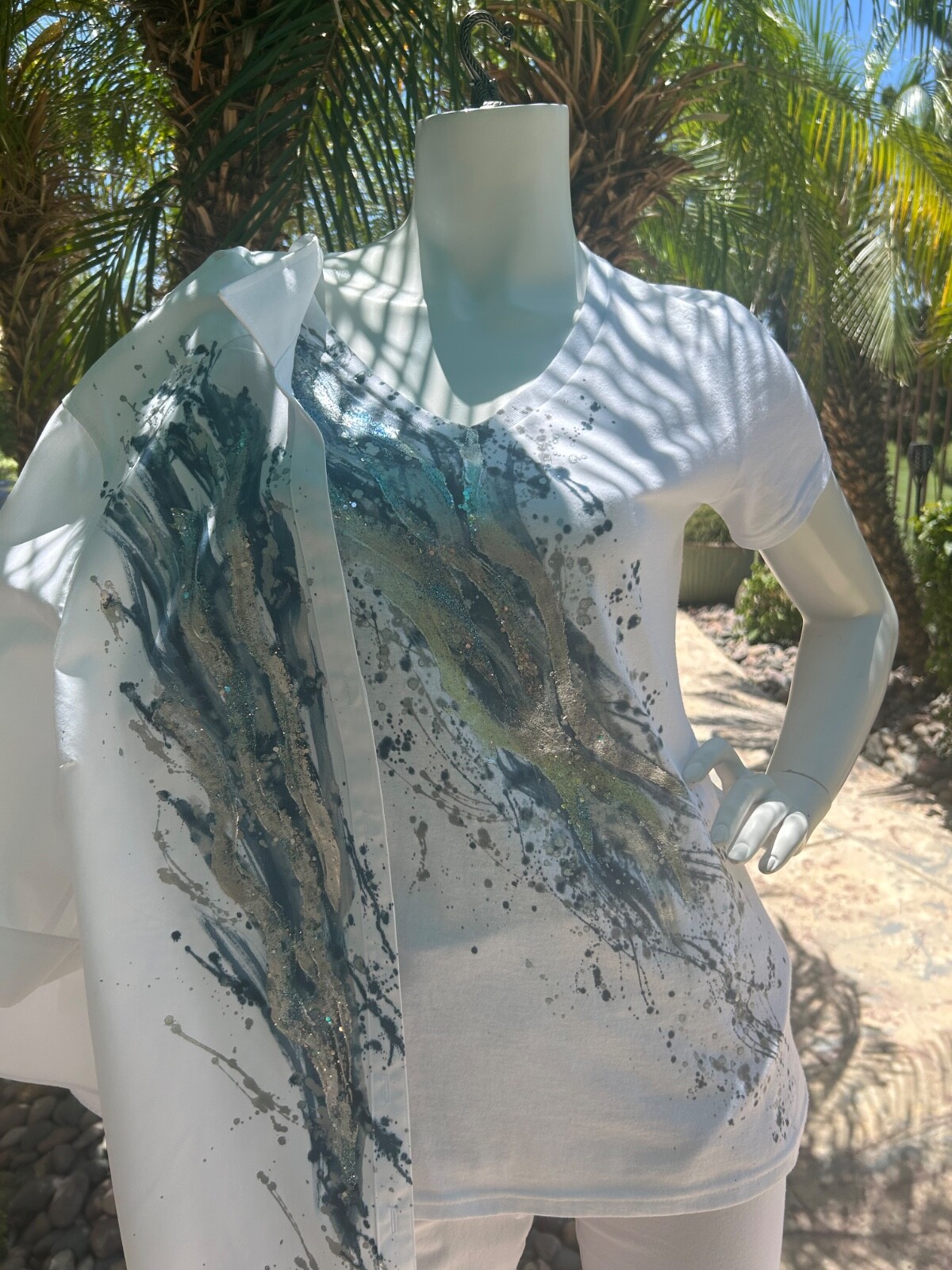 WOMENS PAINTED NAVY /SILVER GLITZY 2-PIECE BLOUSE SET(M)