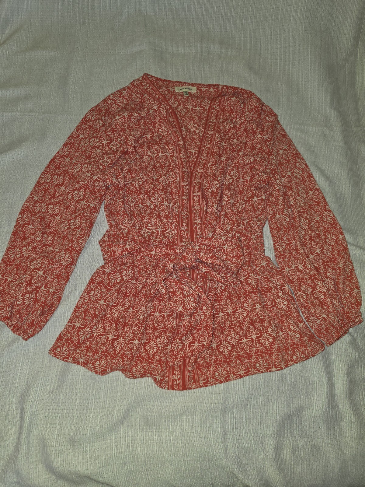 Max Studio Red/White Floral V-Neck Long Sleeve Blouse Elastic Waist M