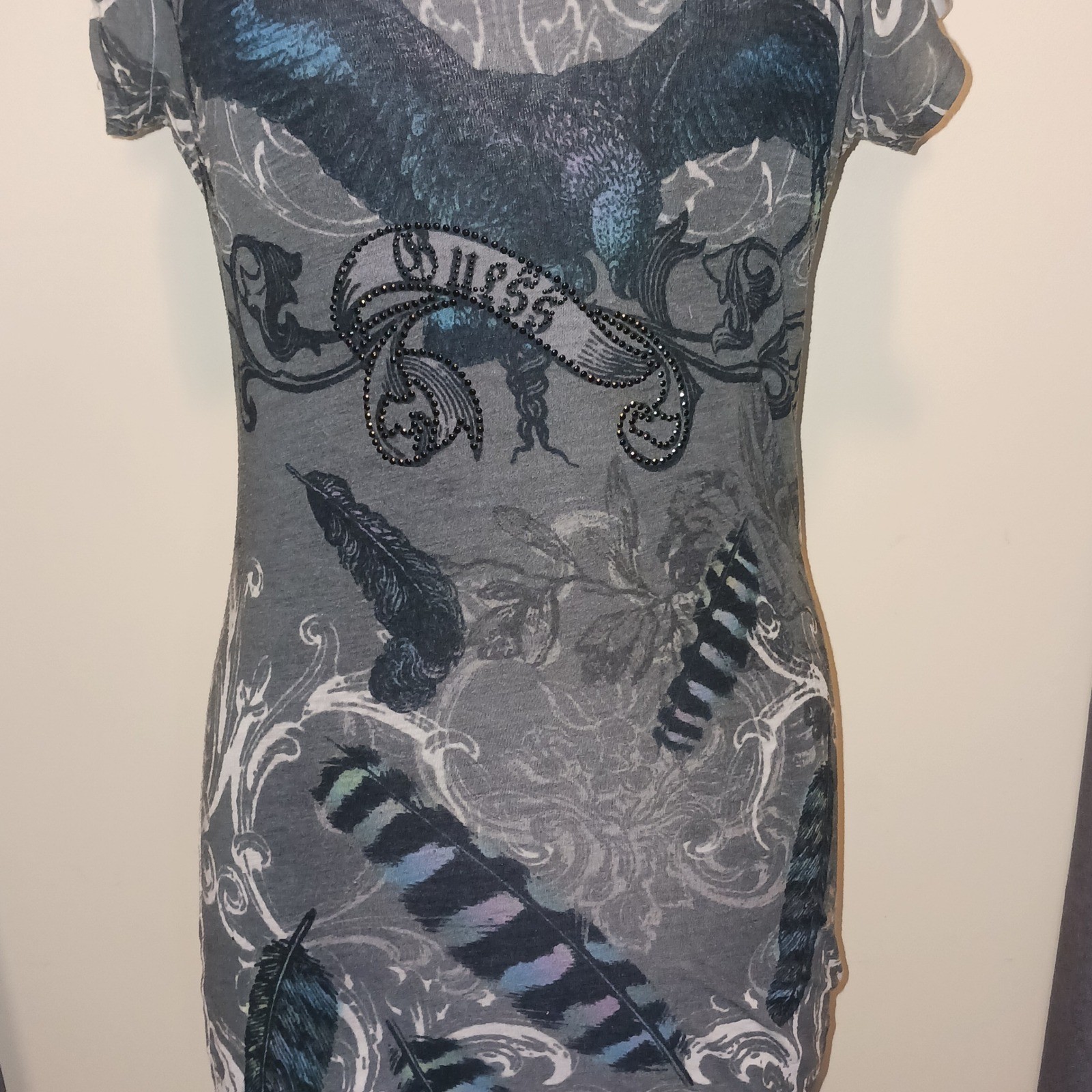 Vintage Witchy Guess Goth Y2K Gray Tshirt Bird Crow Feather Rhinestone XL